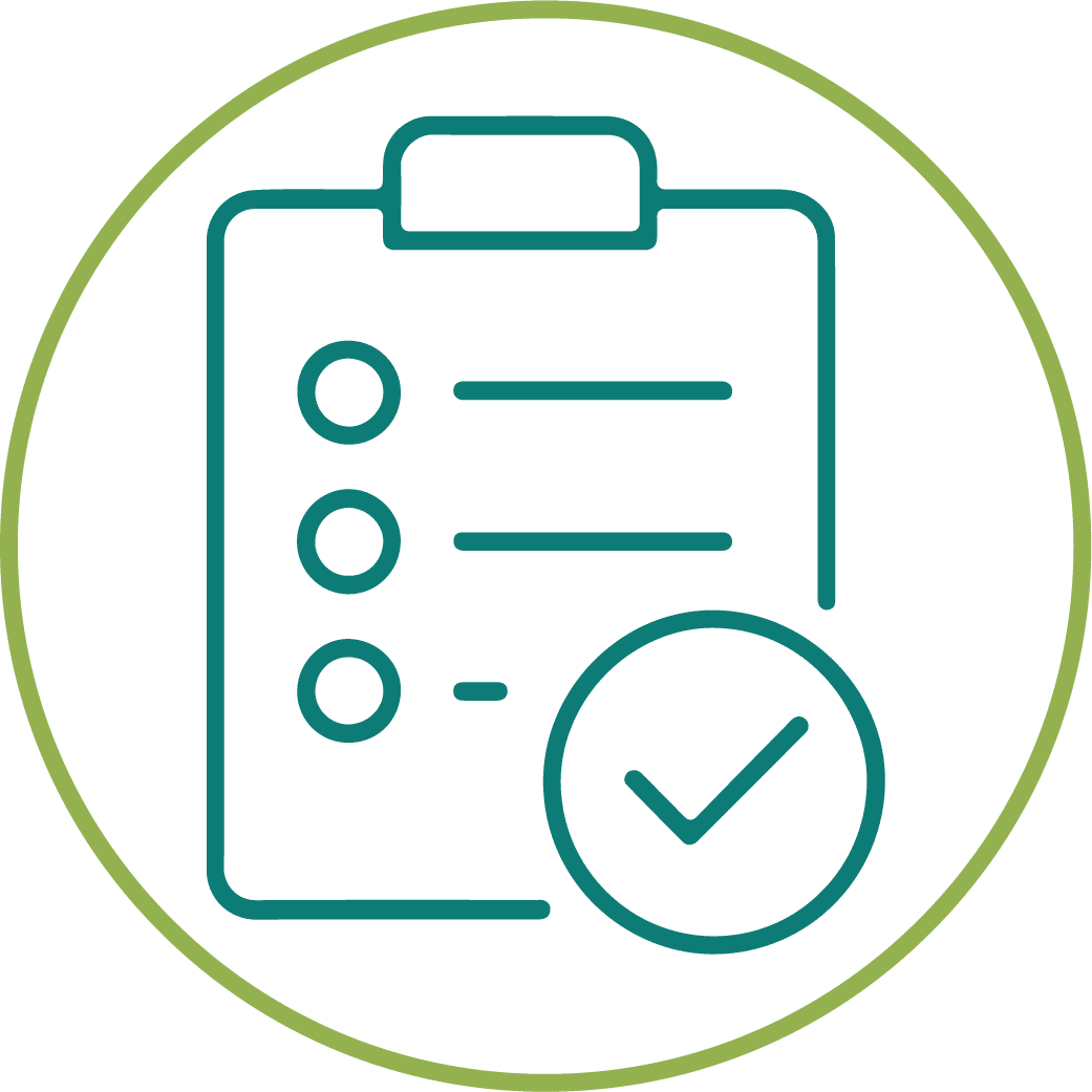teal clipboard icon with checkmark in green circle